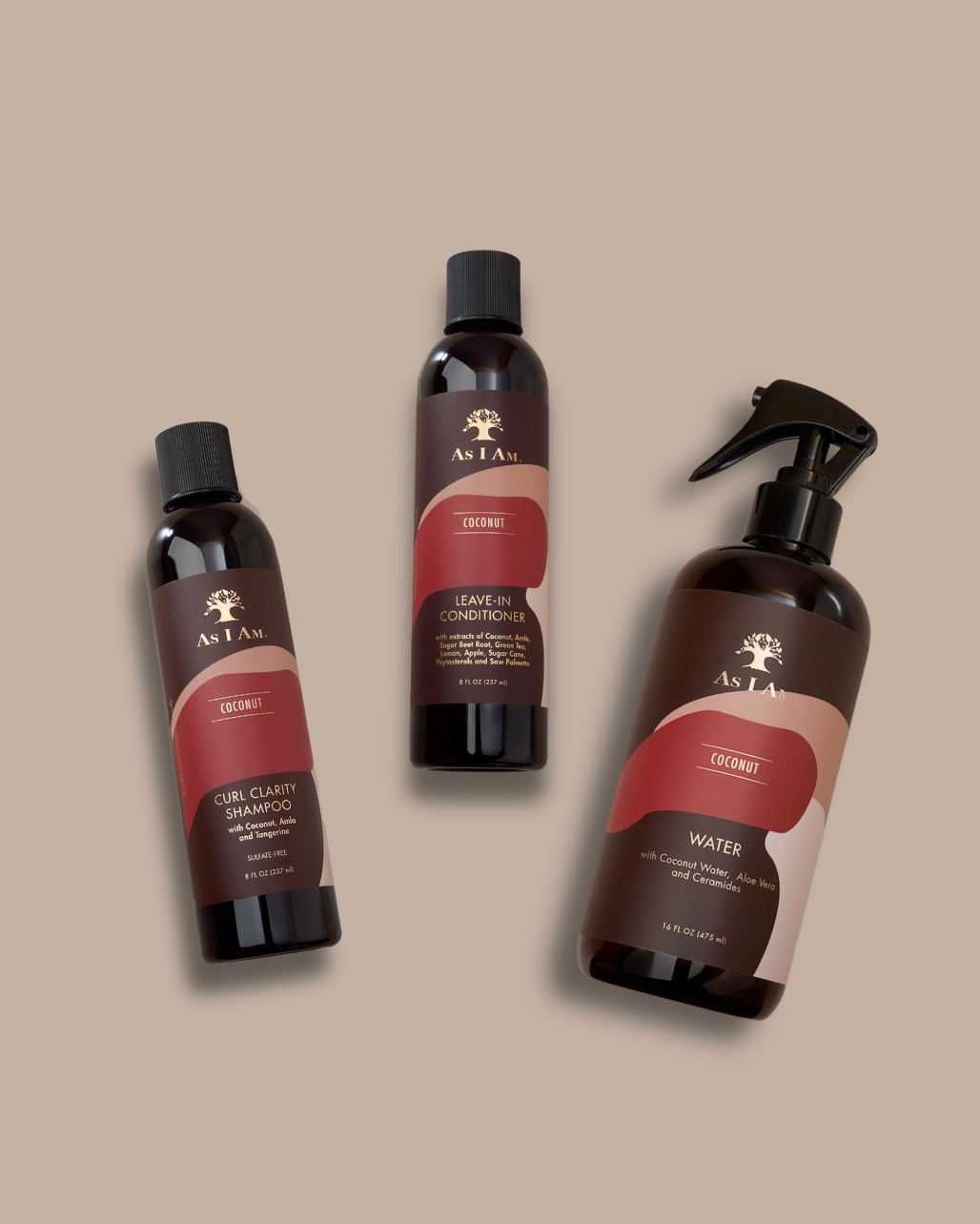 As i am Coconut Water, Curl Clarity Shampoo, and Coconut Leave-In Conditioner